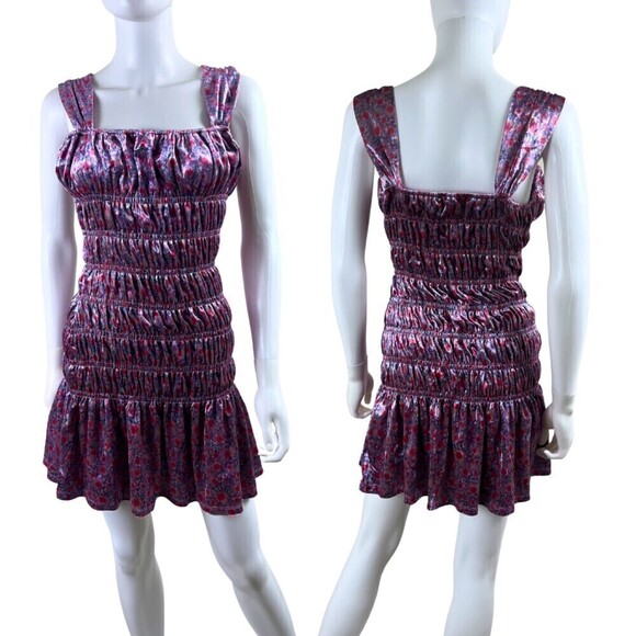 Free the Roses Floral Smocked Reffle Velvet Party Bodycon Festive Mini NEW Dress - Picture 1 of 13